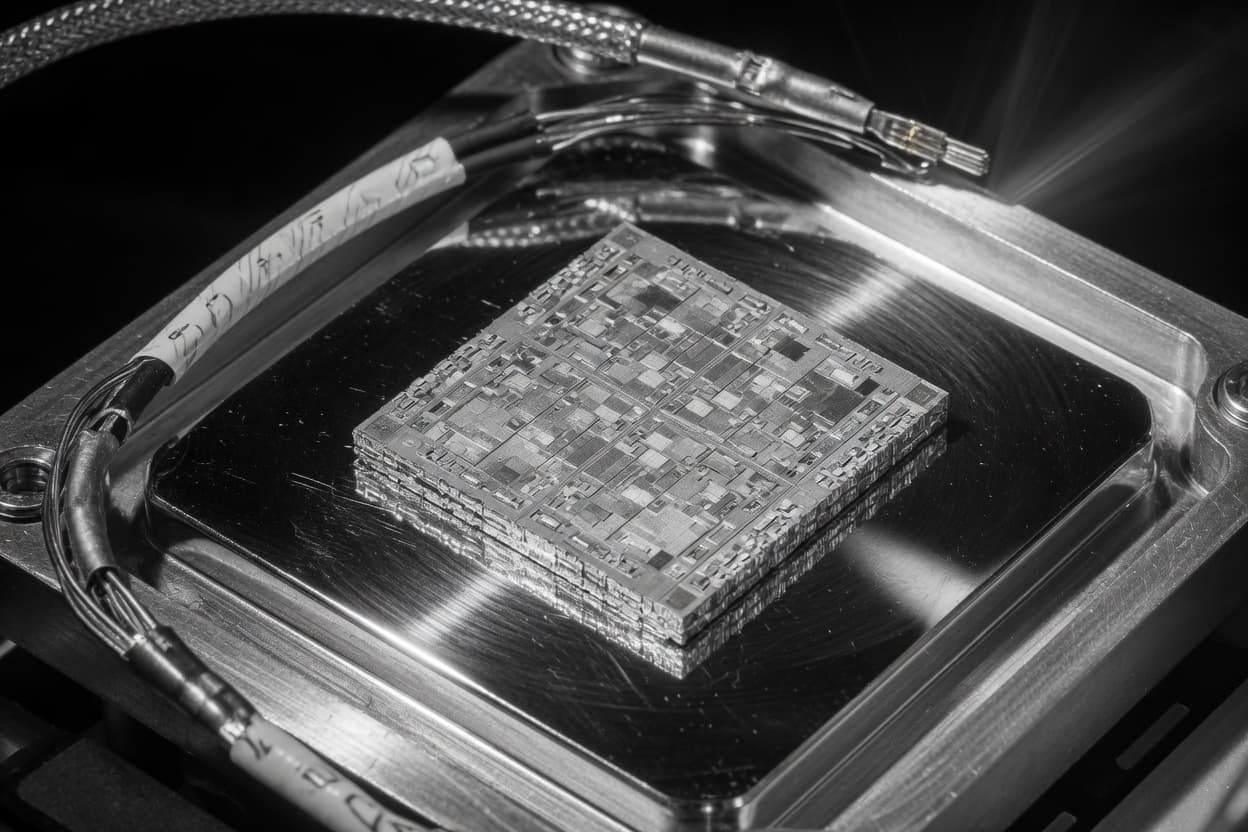 Concept render: macro view of a SQUAD chip concept on a mirror mount