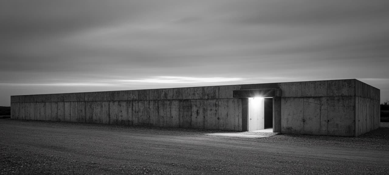 Concept render: minimal industrial research facility exterior at dusk